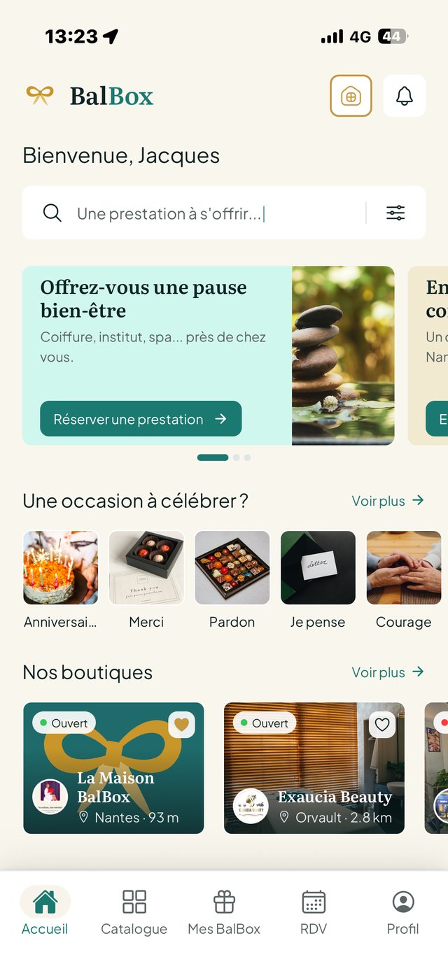 Accueil de l'app BalBox&nbsp;: occasions à célébrer et boutiques partenaires