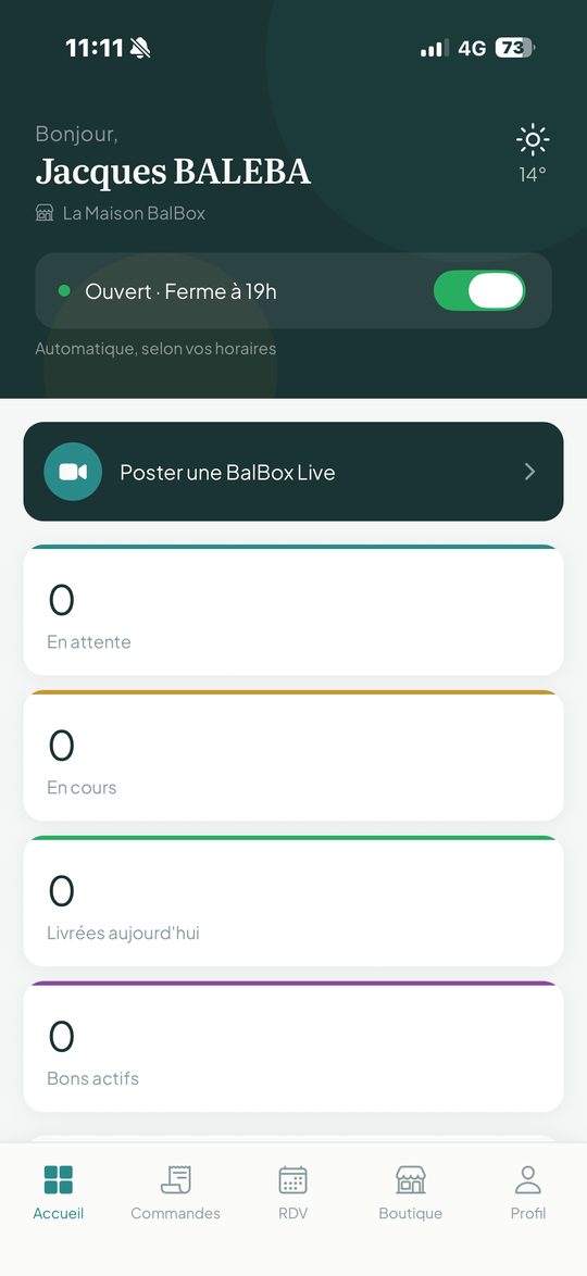Tableau de bord, app BalBox Partenaire